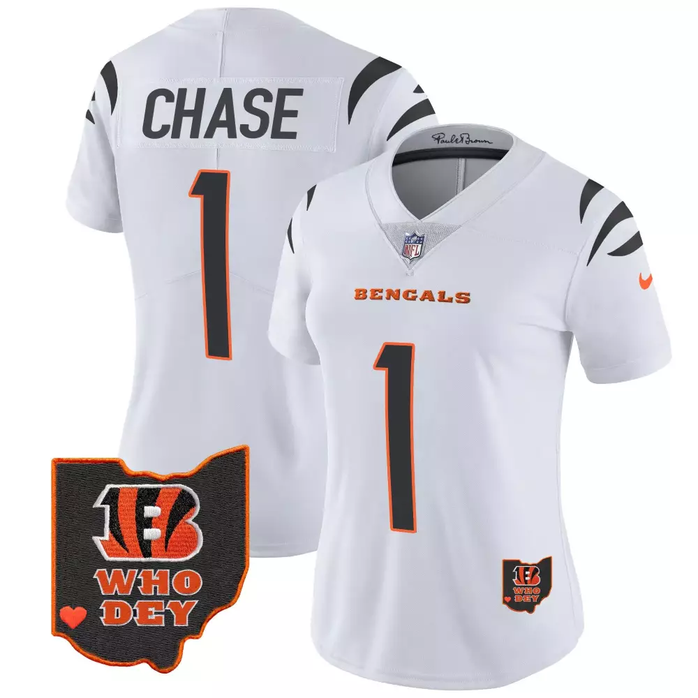 Ja'marr Chase 1 Bengals Jersey White Ohio Shape Who Dey Women Replica Black Orange