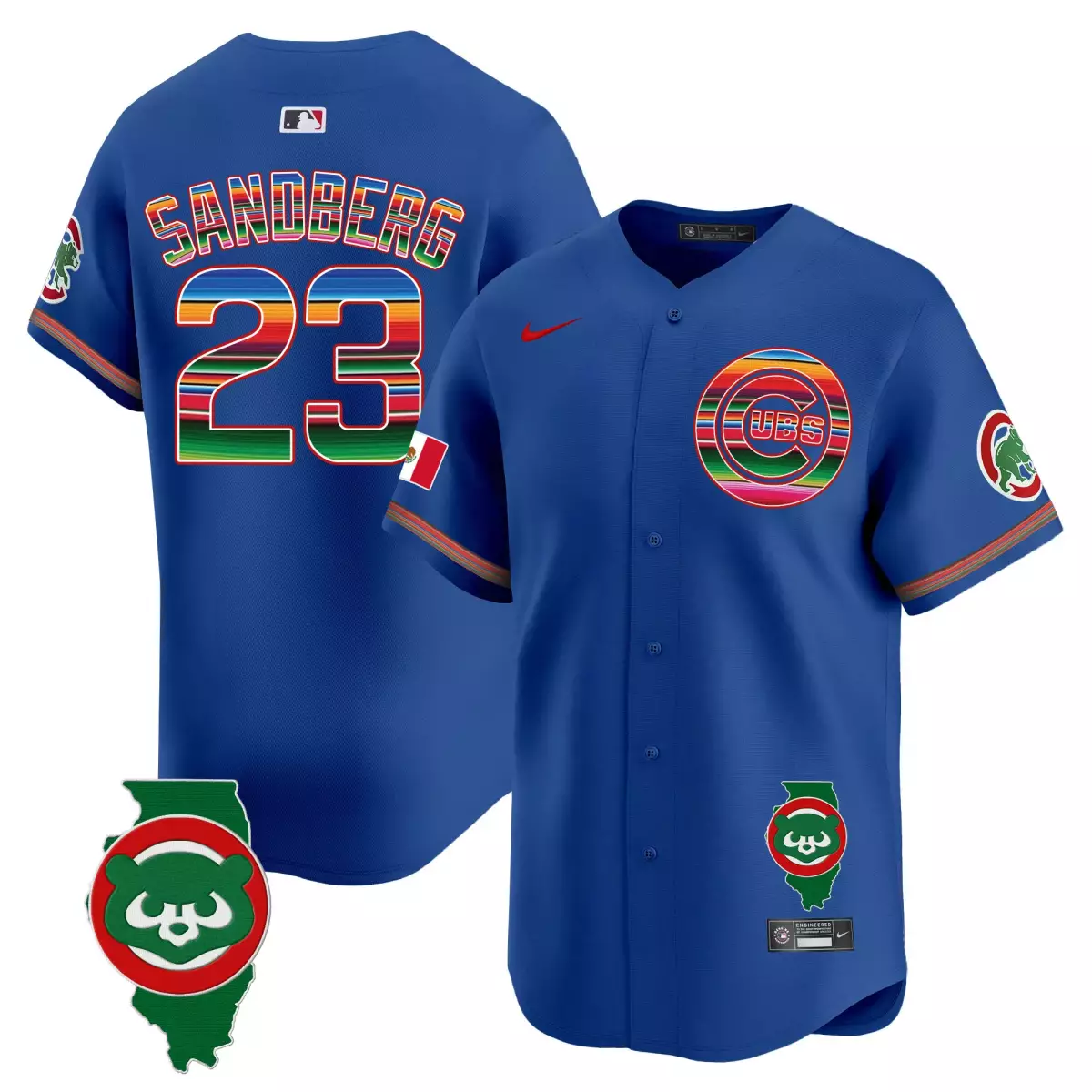 Sandberg Mexico 23 Cubs Jersey Royal Blue Cinco De Mayo Flag Illinois Map Men Alternate