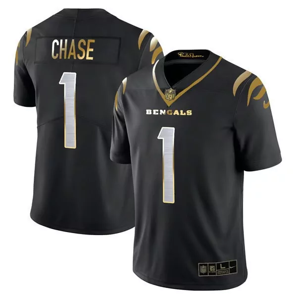 Ja'marr Chase 1 Bengals Jersey Black Paul Brown Men Standard Gold White Vapor Limited