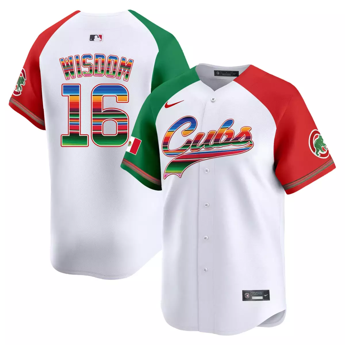 Wisdom Mexico 16 Cubs Jersey White Mexican Flag Men Raglan Sleeve Split Custom Design