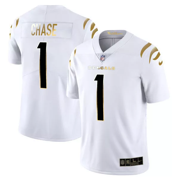 Ja'marr Chase 1 Bengals Jersey White Men Black Gold Vapor Limited All Stitched