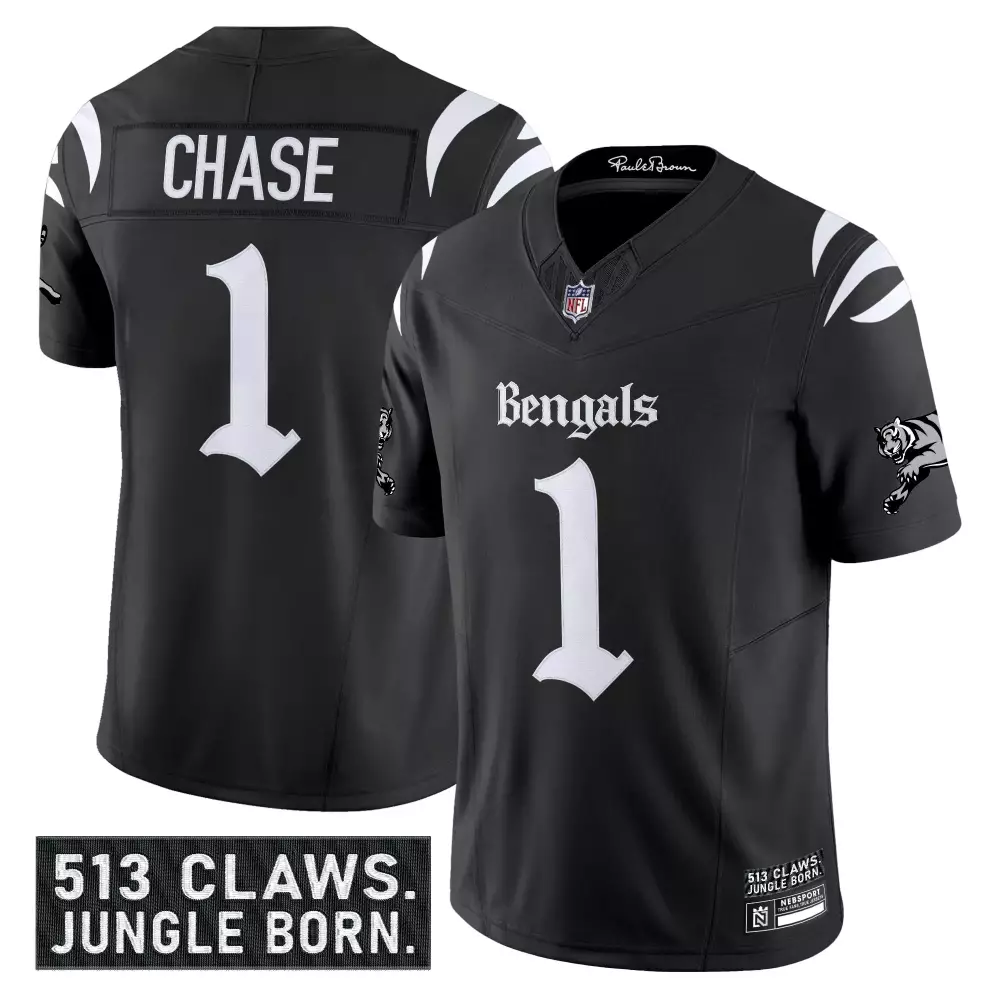 Chase Jungle 1 Bengals Jersey Black Men Replica White Stitched Vapor