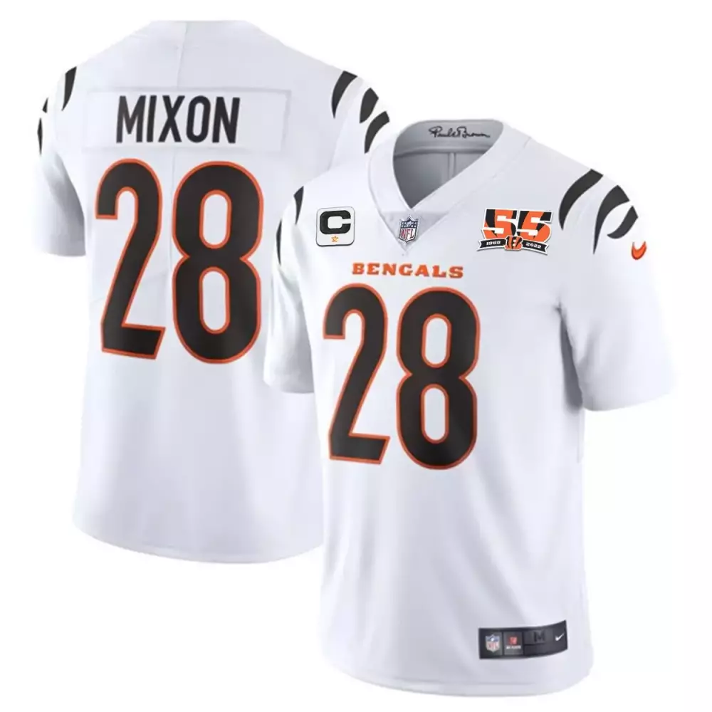Joe Mixon 28 Bengals Jersey White 55th Anniversary 1968-2023 Men Standard Black Orange