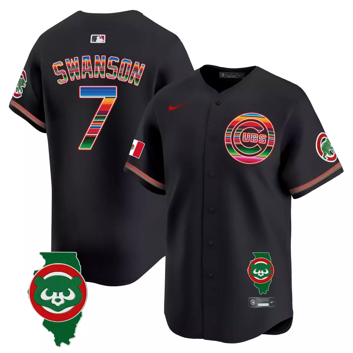 Swanson Mexico 7 Cubs Jersey Black City Connect Flag Illinois Outline Men Red Green