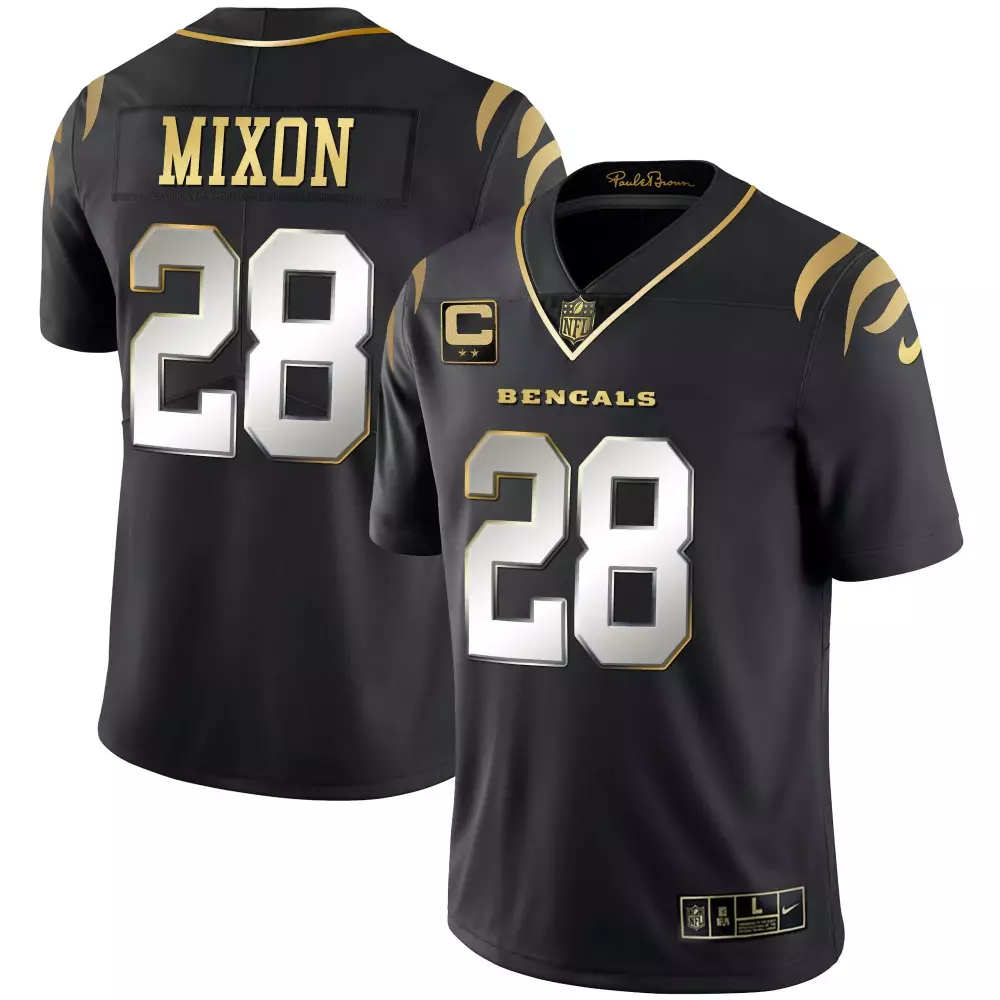 Joe Mixon 28 Bengals Jersey Black (captain Patch) (size Tag) Men Authentic Gold Silver