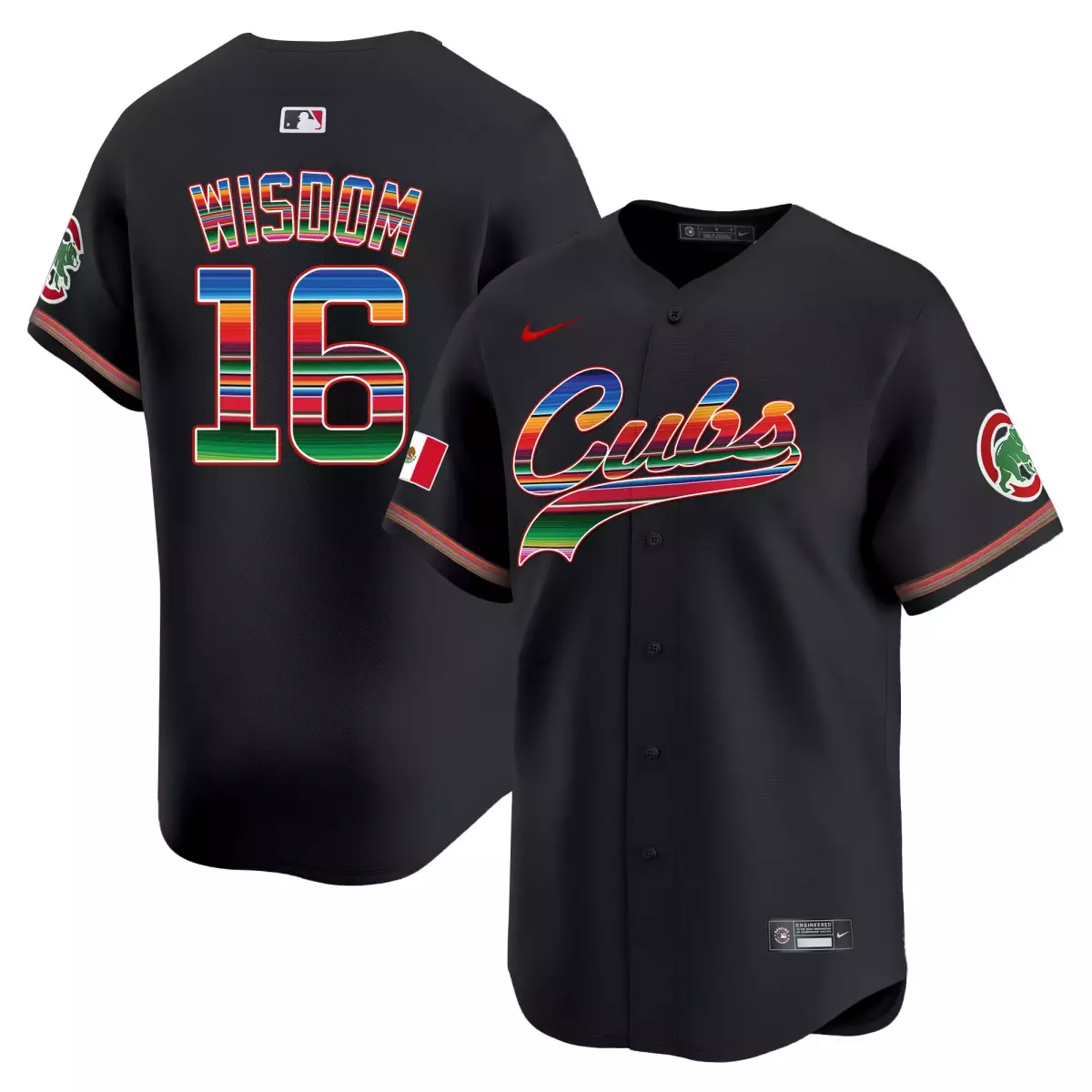 Wisdom Mexico 16 Cubs Jersey Black Fiesta Mexican Flag Men Split Design Red Orange
