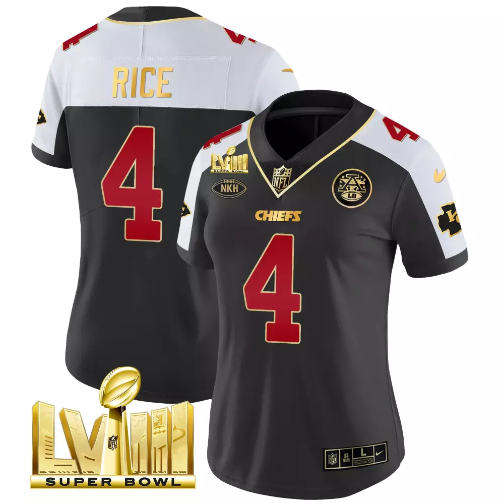 Rice 4 Chiefs Jersey Black Super Bowl Lviii Men Split Design White Red Gold All Stitched