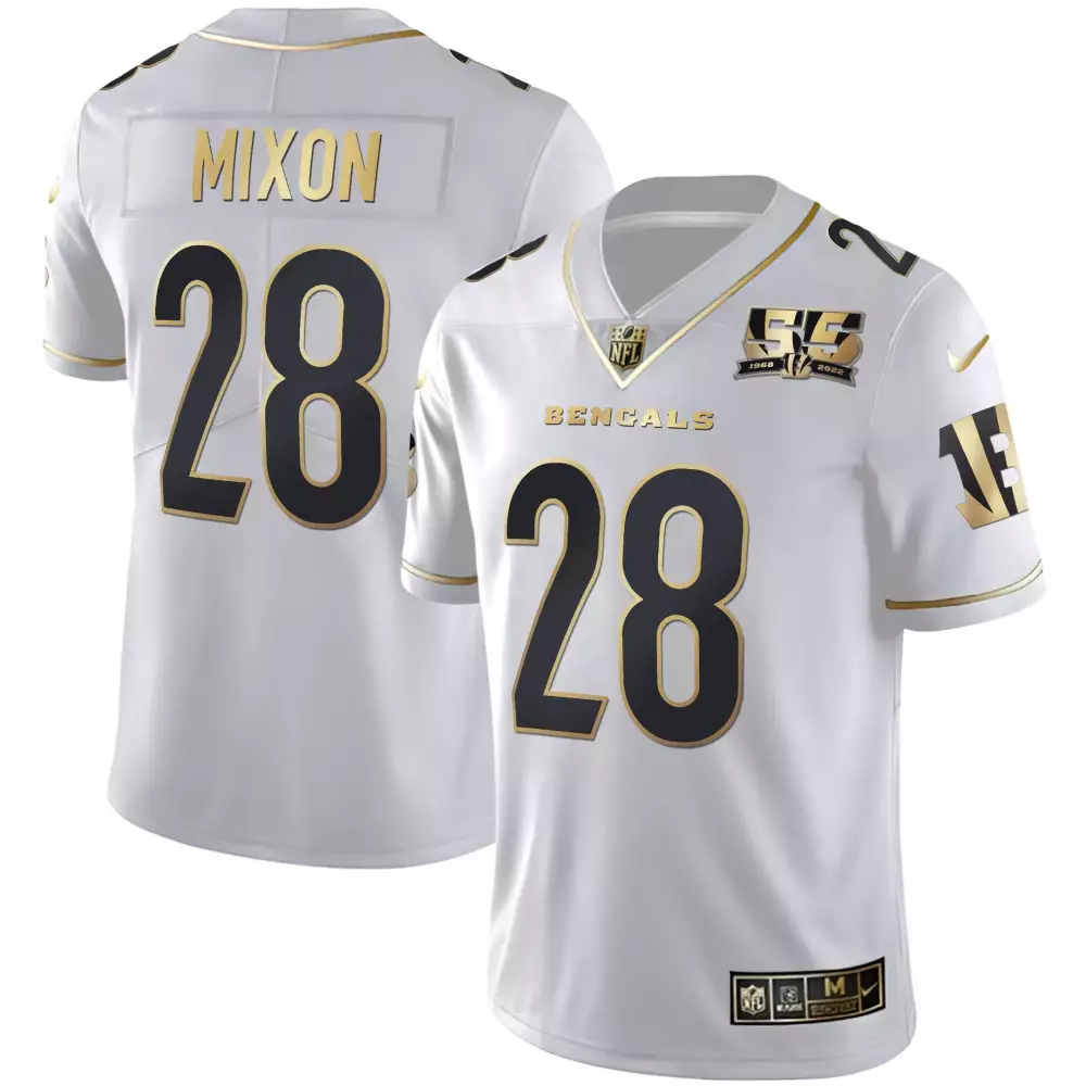 Joe Mixon 28 Bengals Jersey White 55th Anniversary Men Player Black Gold All Stitched