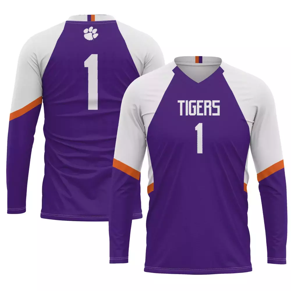 Long Sleeve 1 Tigers Jersey Purple Paw Print Volleyball White Orange All Stitched