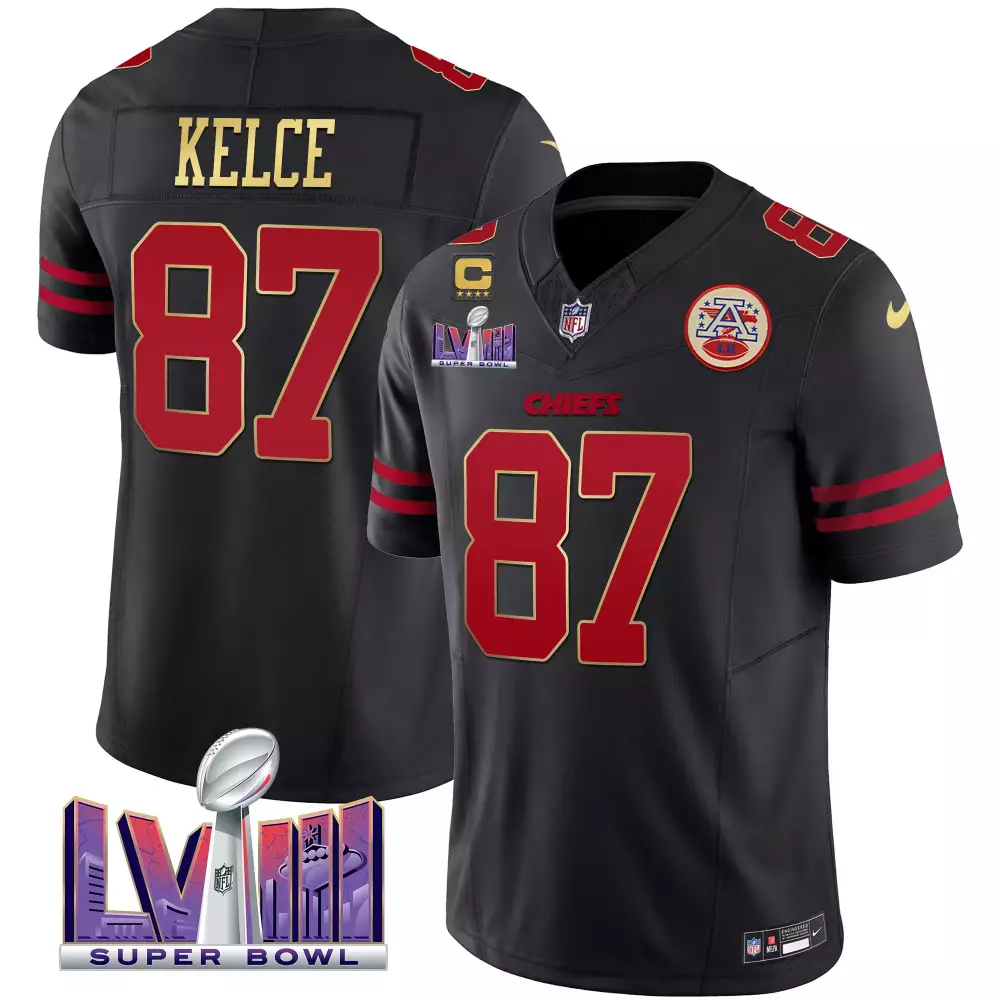 Kelce Lvii 87 Chiefs Jersey Black Super Bowl Lviii Men Red Gold All Stitched Vapor