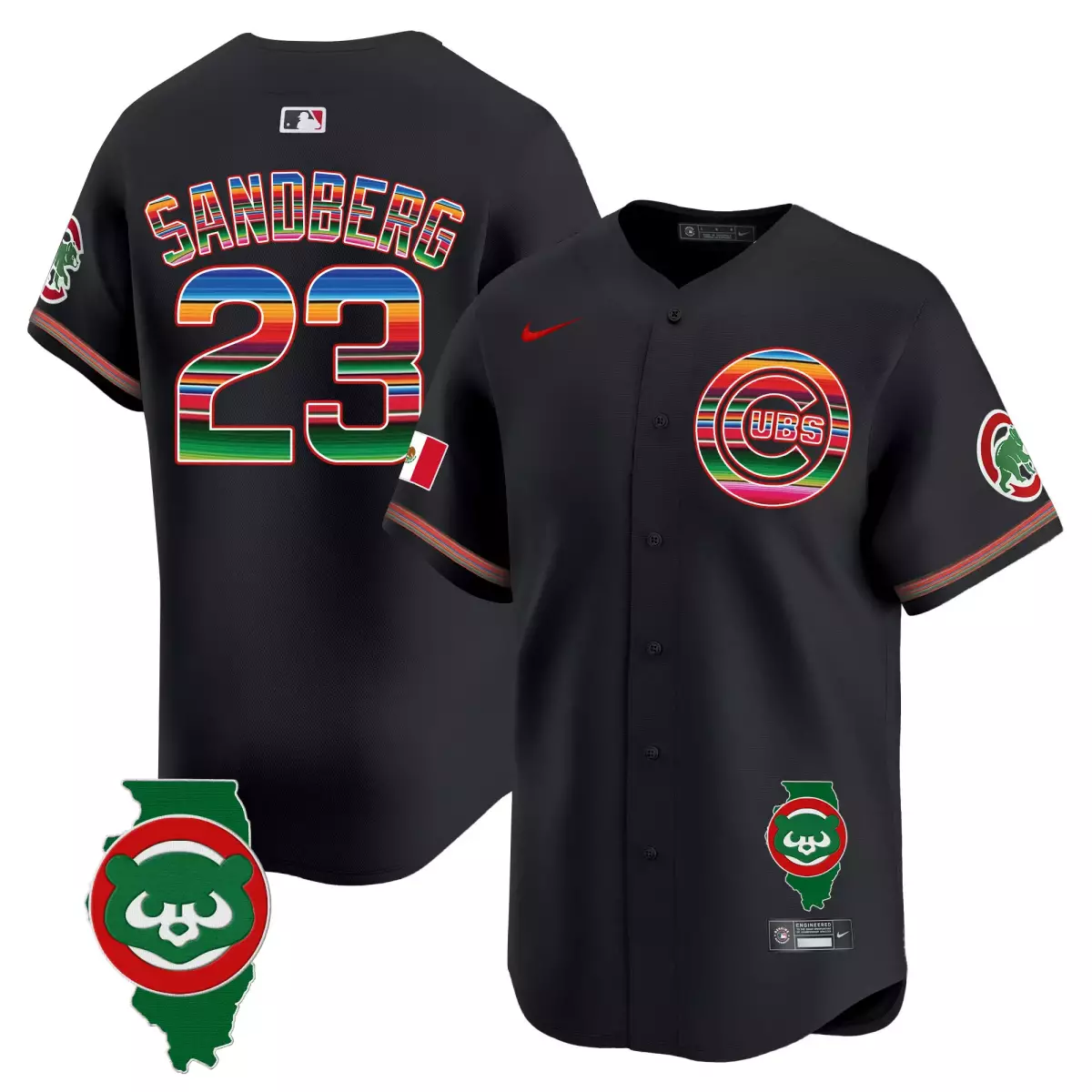Sandberg Mexico 23 Cubs Jersey Black City Connect Mexican Flag Illinois Map Split