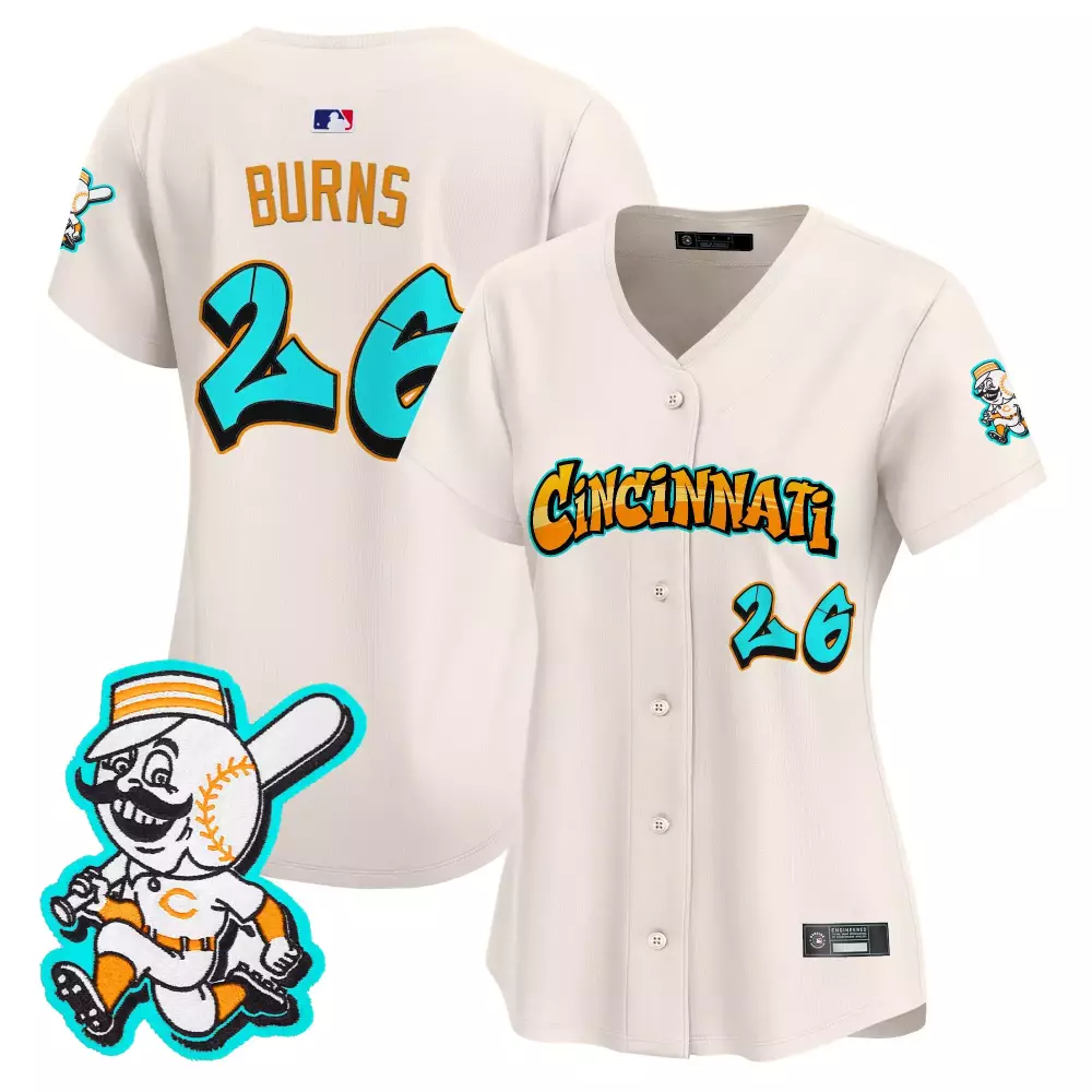 Burns Graffiti 26 Cincinnati Reds Jersey White Mascot Men Split Design Orange Teal