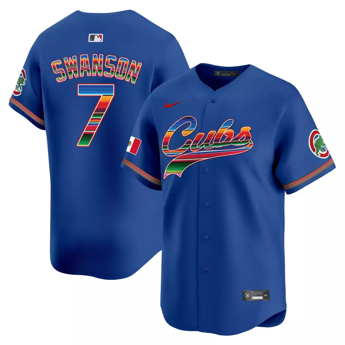 Swanson Mexico 7 Cubs Jersey Royal Blue City Connect Mexican Flag 2024 Men Split