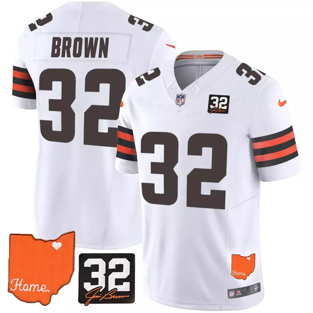 Jim Brown 32 Cleveland Browns Jersey White Ohio Shape Heart Men Orange Home v2 All