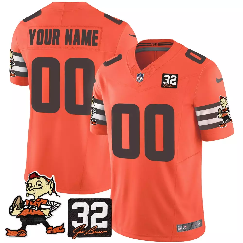 Custom Cleveland Browns Jersey Orange Jim Brown 32 Elf Men White Vapor Limited v2