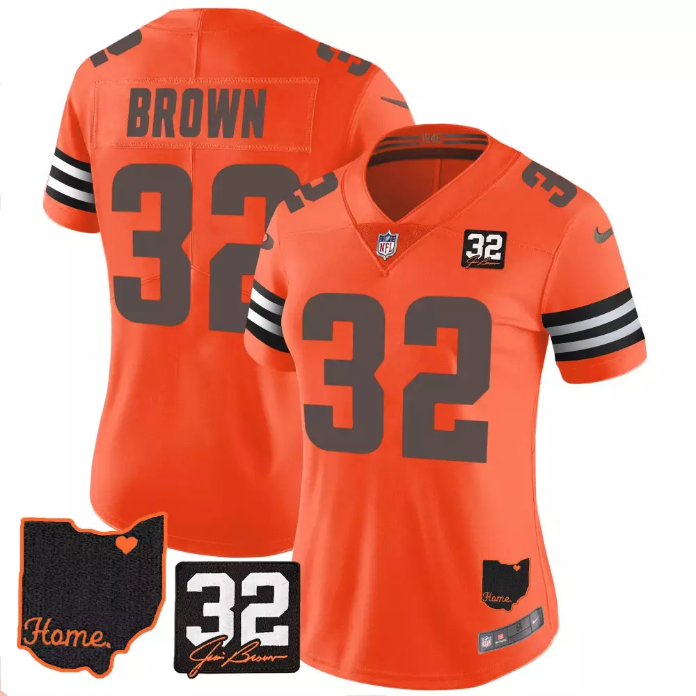 Jim Brown 32 Cleveland Browns Jersey Orange Nike Ohio 2023 Women White Home v3 All
