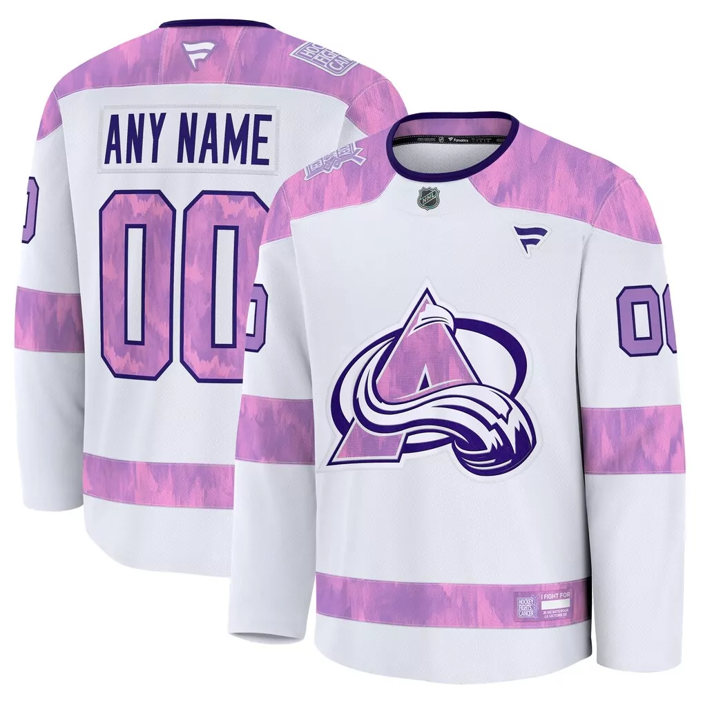 Colorado Avalanche Jersey White Hockey Fights Cancer Men Alternate Split Design Purple