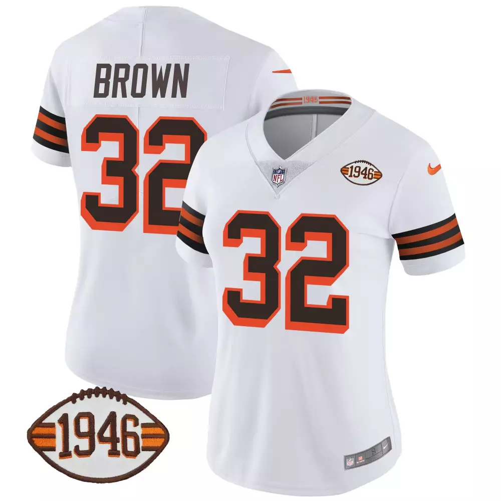 Jim Brown 32 Cleveland Browns Jersey White Women Orange Anniversary All Stitched