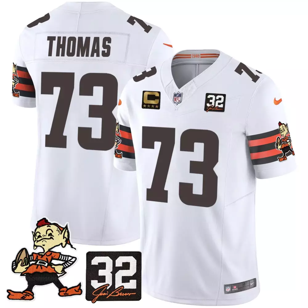 Joe Thomas 73 Cleveland Browns Jersey White 1946 Captain Mascot Men Brown Orange