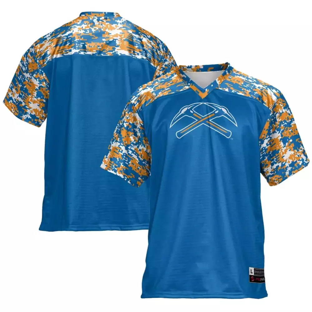Custom Jersey Blue Digital Camo Sleeves And Yoke Design White Orange Gameday