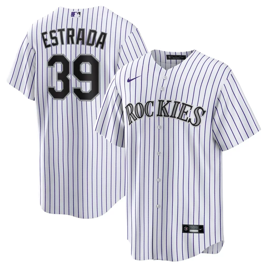Thairo Estrada 39 Rockies Jersey White Men Pinstripe Purple Black Home Replica