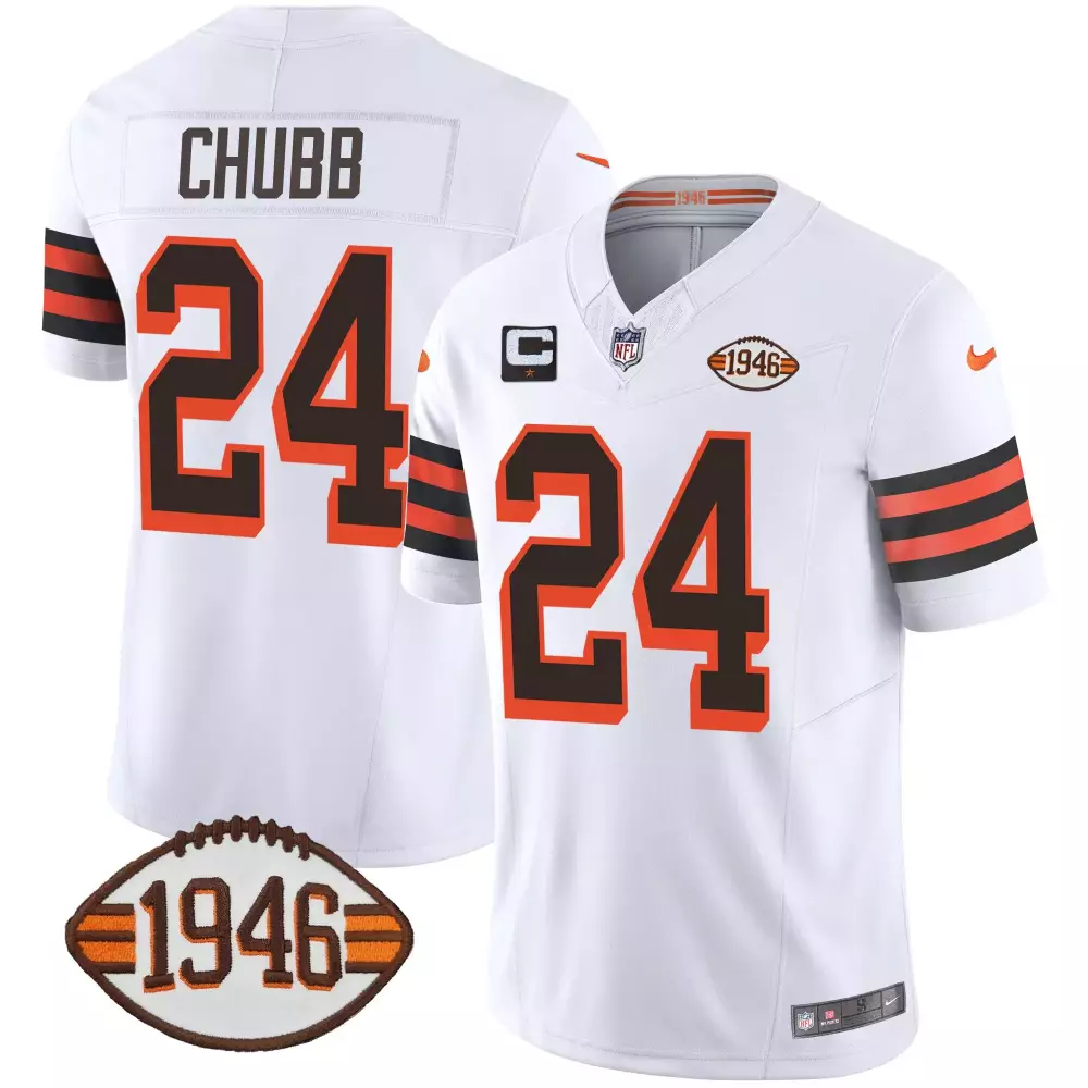 Nick Chubb 24 Cleveland Browns Jersey White 1946 Men Alternate Brown Orange Anniversary