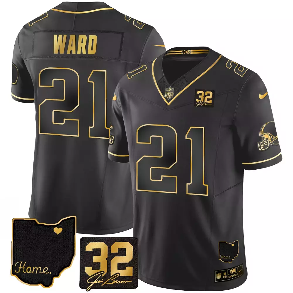 Denzel Ward 21 Cleveland Browns Jersey Black Nike NFL 100th Season Ohio Shape Heart 32 Jim Brown Autograph