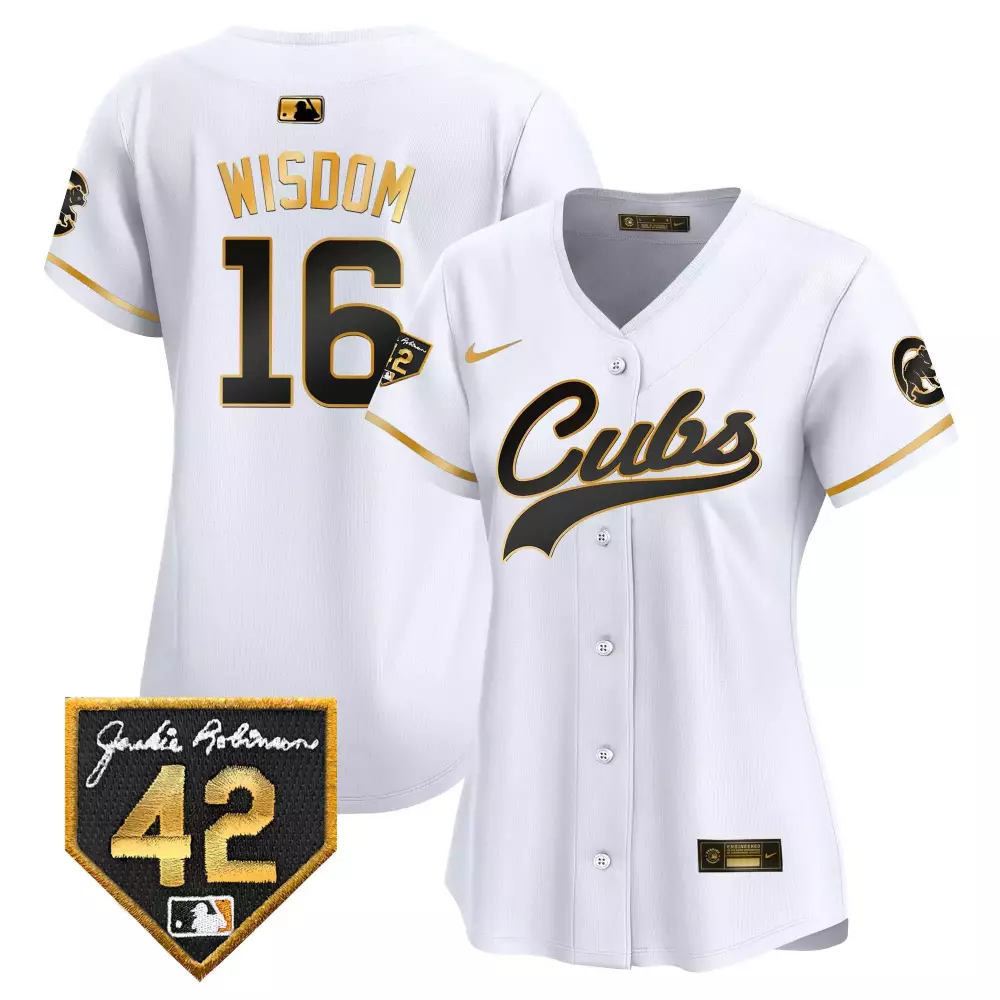 Patrick Wisdom 16 Cubs Jersey White Jackie Robinson 42 Men Black Gold Vapor Premier