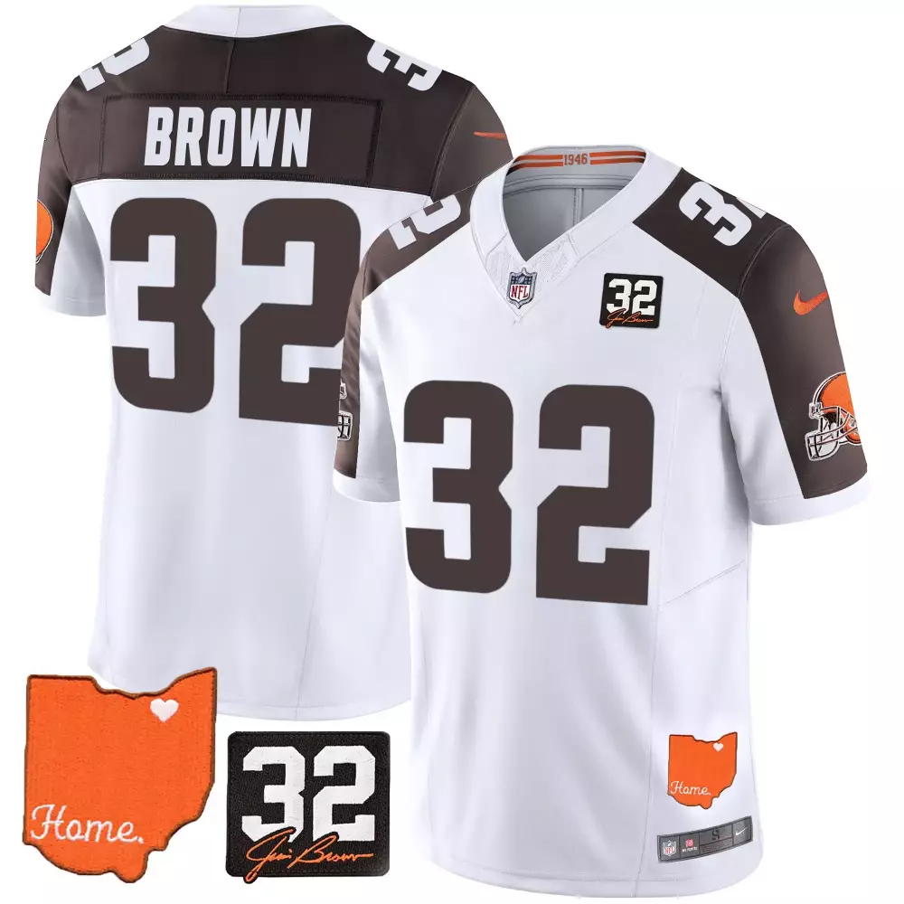 Brown 32 Cleveland Browns Jersey White Homecoming Helmet Ohio Shape Heart Men Replica