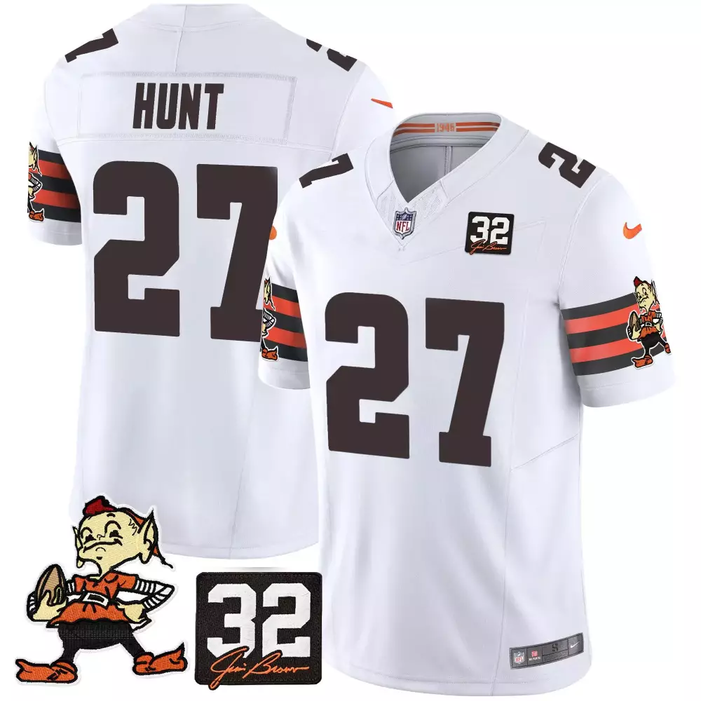 Kareem Hunt 27 Cleveland Browns Jersey White Elf Patch Jim Brown 32 Men Standard