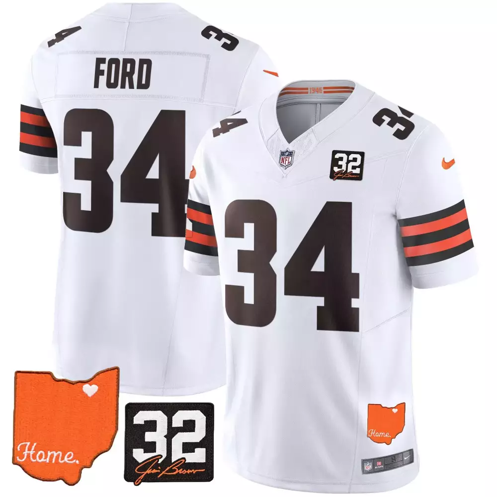 Jerome Ford 34 Cleveland Browns Jersey White Jim Brown Legacy Ohio Outline Heart 'home.'