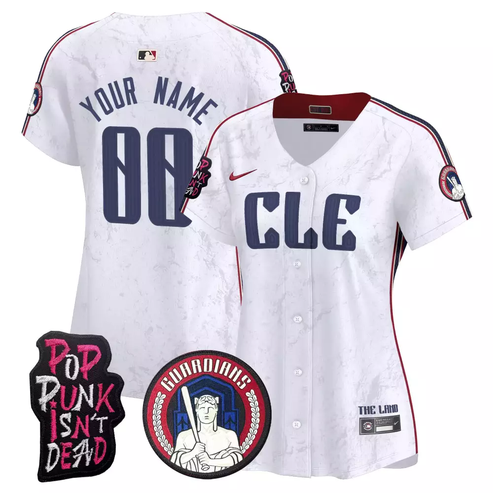 Custom Cleveland Guardians Jersey White Pop Punk Isn't Dead Men Design Navy Red All