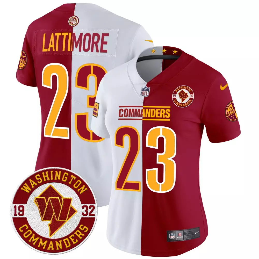 Marshon Lattimore 23 Commanders Jersey Maroon Split 2023 Men Design White Yellow