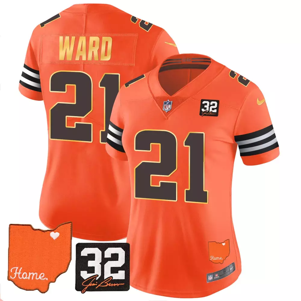 Denzel Ward 21 Cleveland Browns Jersey Orange Ohio State Shape Heart 32 Jim Brown