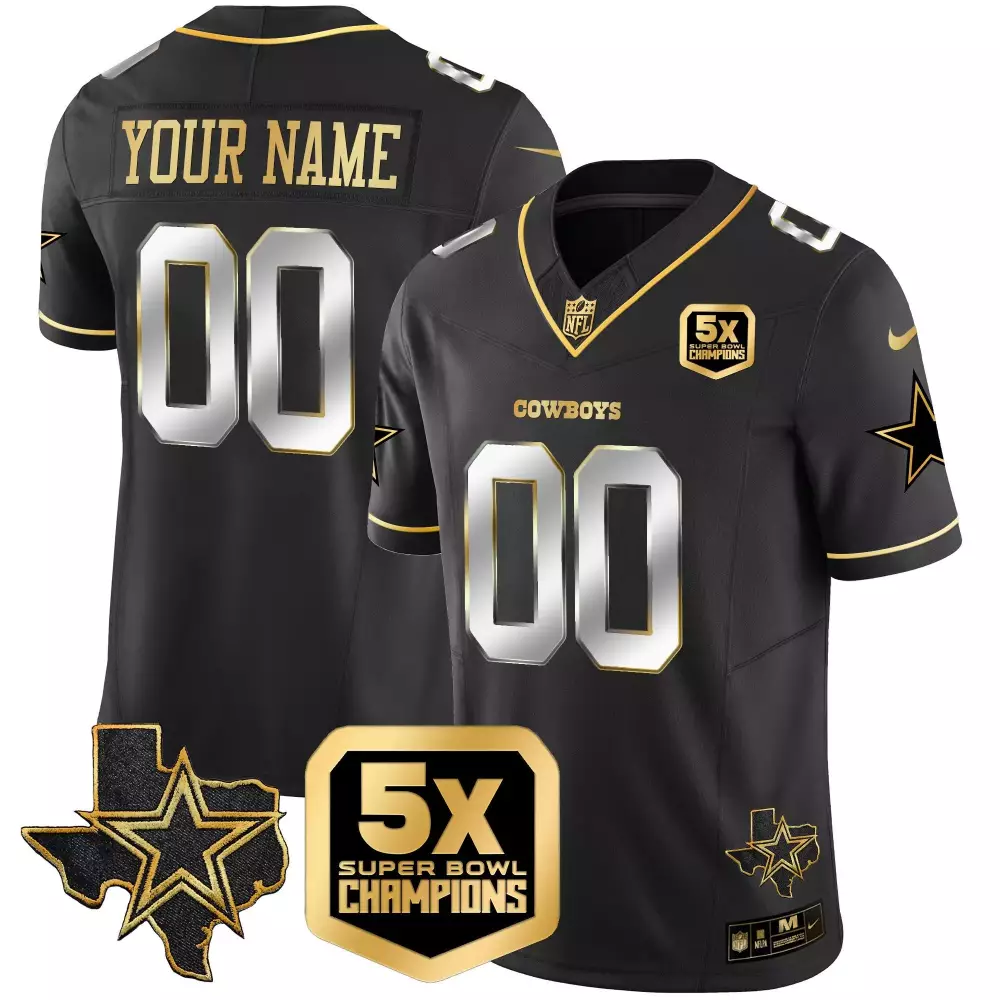 Custom Cowboys Jersey Black 5x Super Bowl Champions Texas Star Men Gold Silver Limited