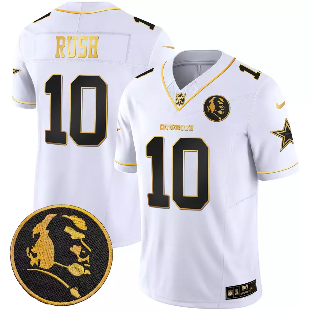 Rush 10 Cowboys Jersey White Star Circular Profile Silhouette Men NFL Black Gold