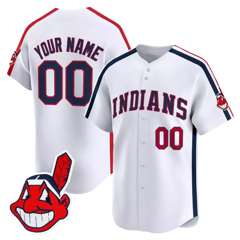 Custom Indians Jersey White Chief Wahoo Men Navy Red
