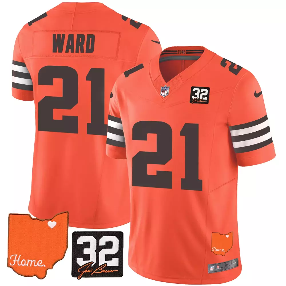 Denzel Ward 21 Cleveland Browns Jersey Orange 1946 Ohio Shape Heart 32 Jim Brown