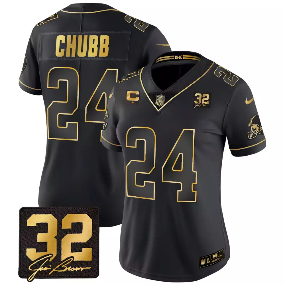 Nick Chubb 24 Cleveland Browns Jersey Black 100th Season Jim Brown 32 Helmet Men