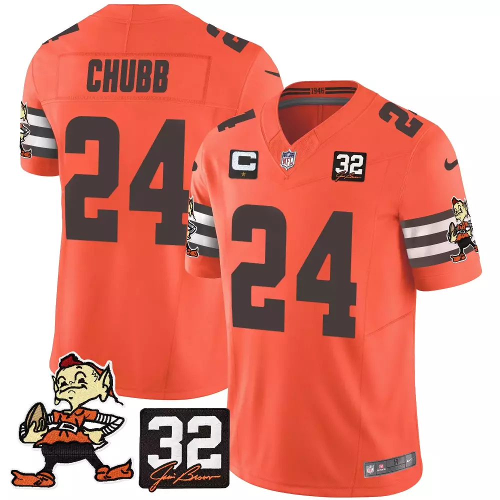 Nick Chubb 24 Cleveland Browns Jersey Orange 1946 Jim Brown 32 Elf Men White Vapor
