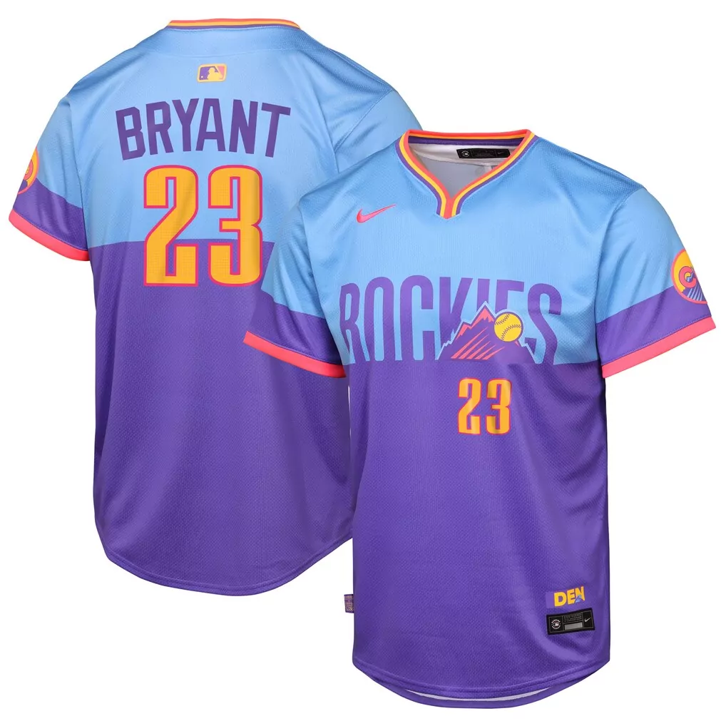 Kris Bryant 23 Colorado Rockies Jersey Light Blue Men Split Design Purple Orange