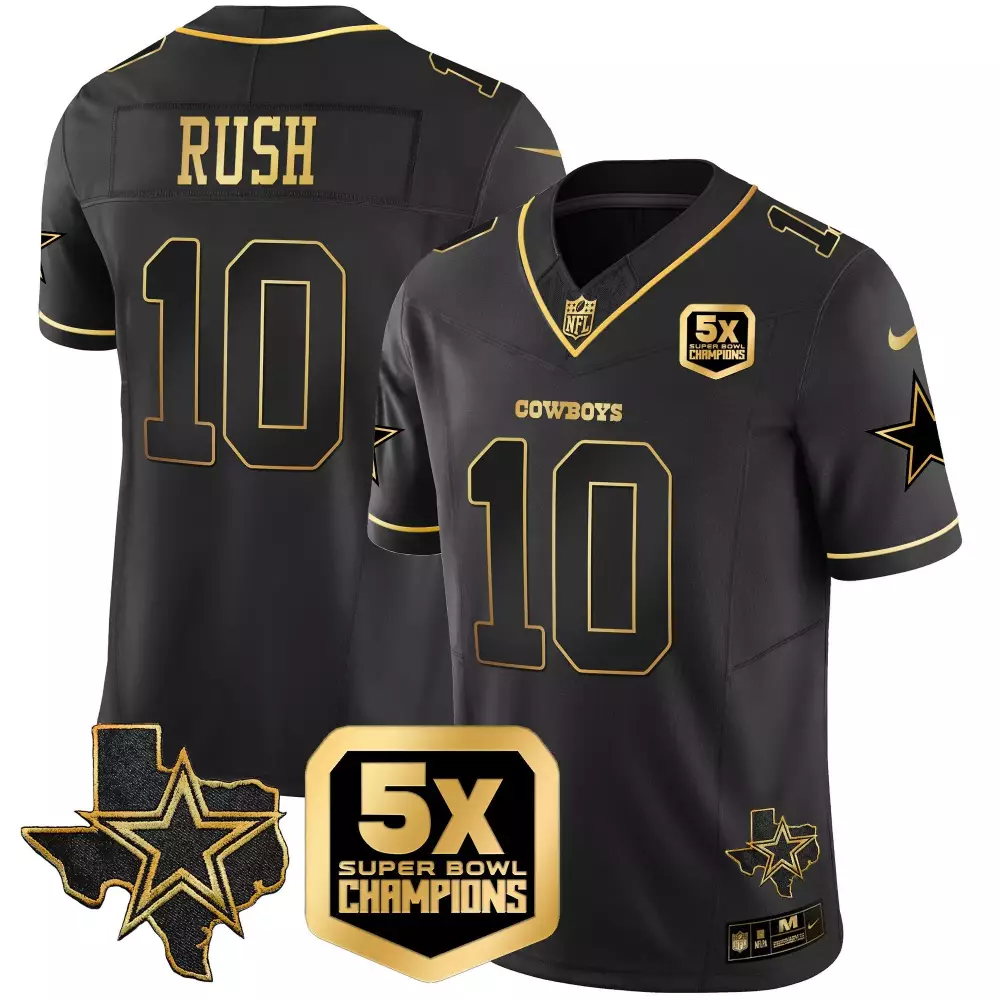 Rush 10 Cowboys Jersey Black 5x Super Bowl Champions Men Gold Vapor Limited All Stitched
