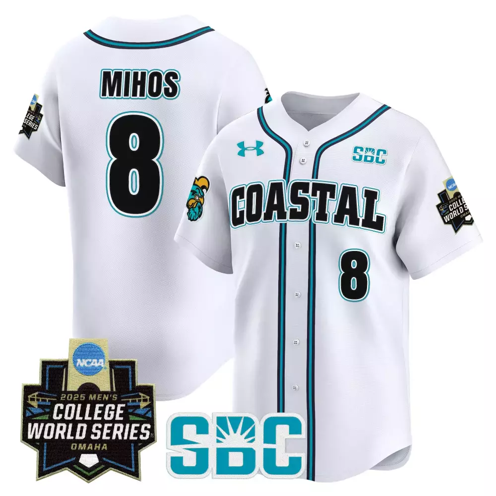 Mihos Coastal 8 Carolina Jersey White 2025 College World Series Men Teal Black Stitched