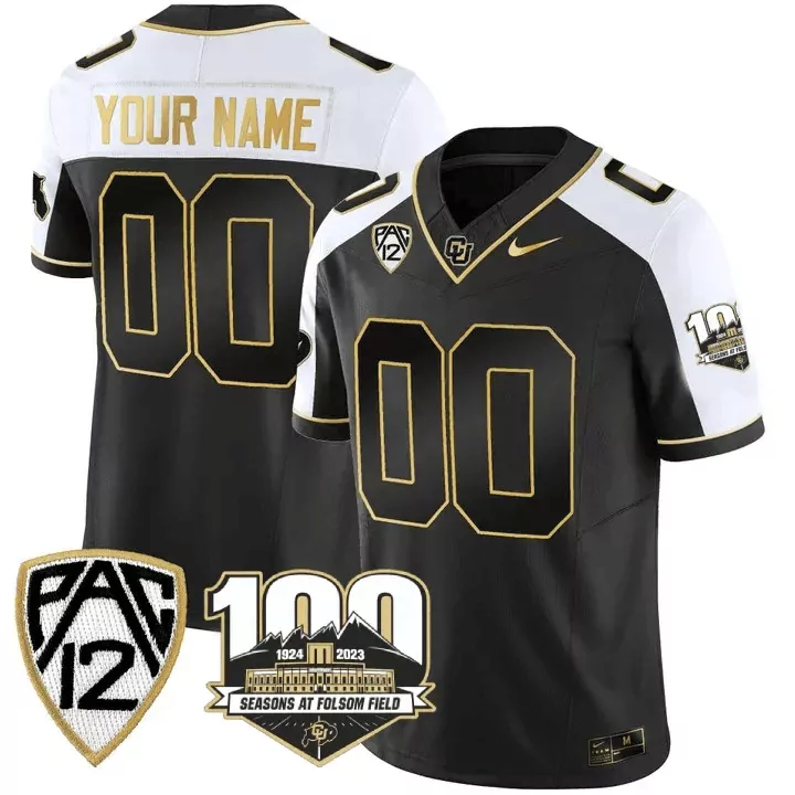 Custom Colorado Buffaloes Jersey Black 100 Seasons At Folsom Field Men White Gold
