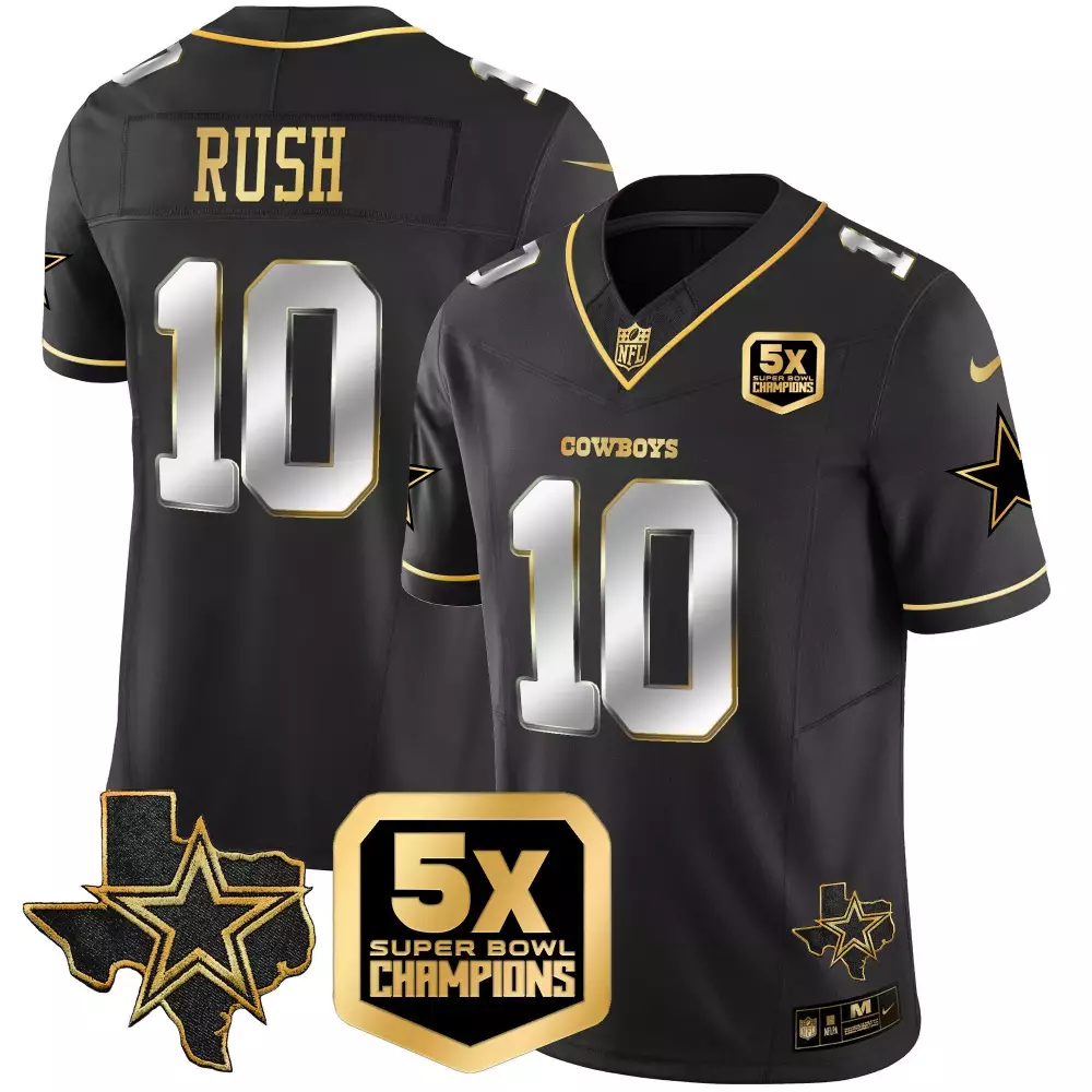 Rush 10 Cowboys Jersey Black 5x Super Bowl Champions Texas Star Men Gold Silver Limited