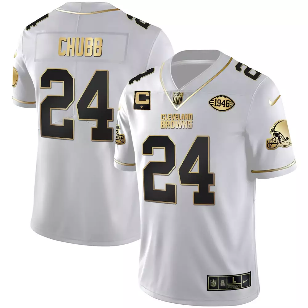 Nick Chubb 24 Cleveland Browns Jersey White 1946 Throwback Men Black Gold Vapor Limited