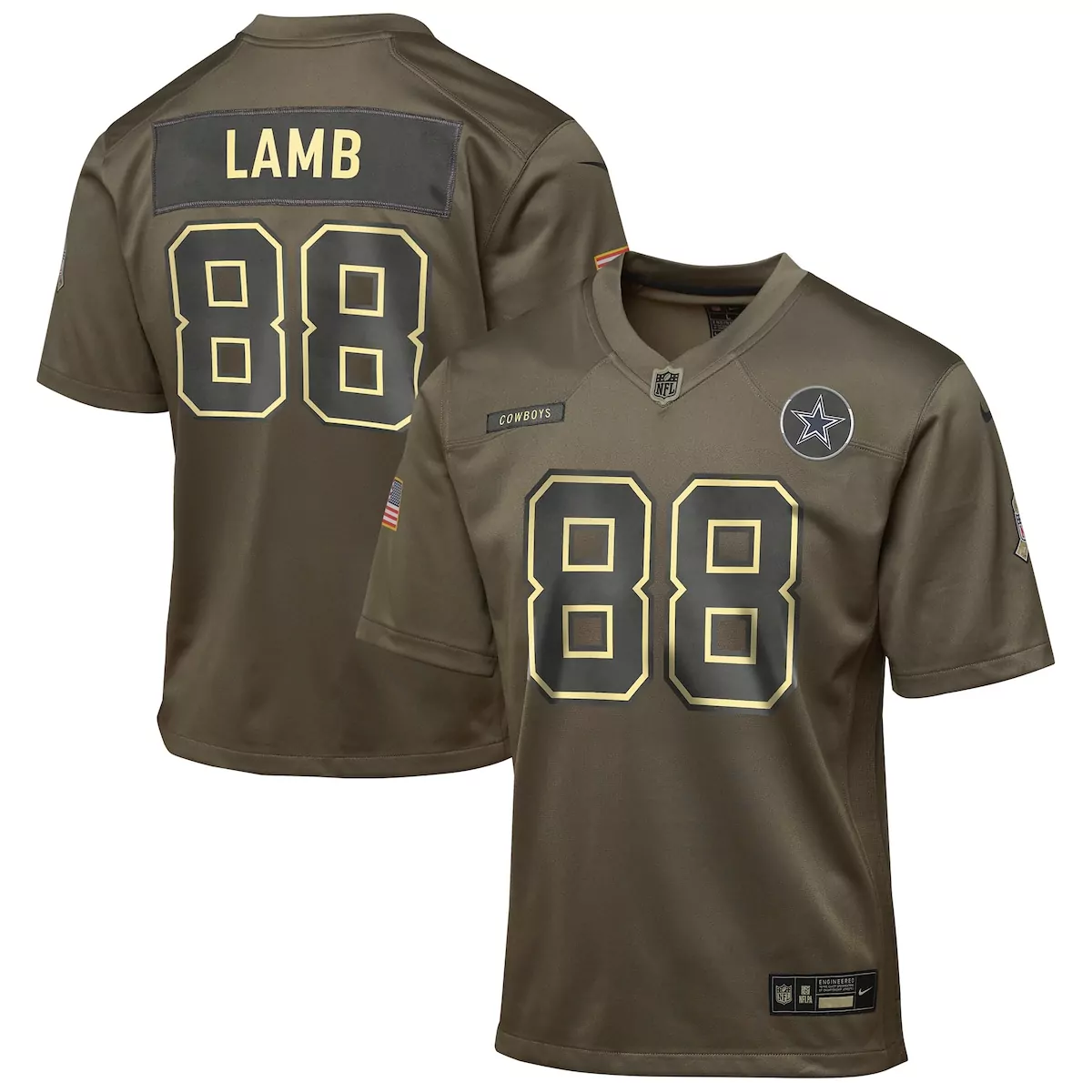 Ceedee Lamb 88 Cowboys Jersey Olive Green Salute To Service Star American Flag 2023