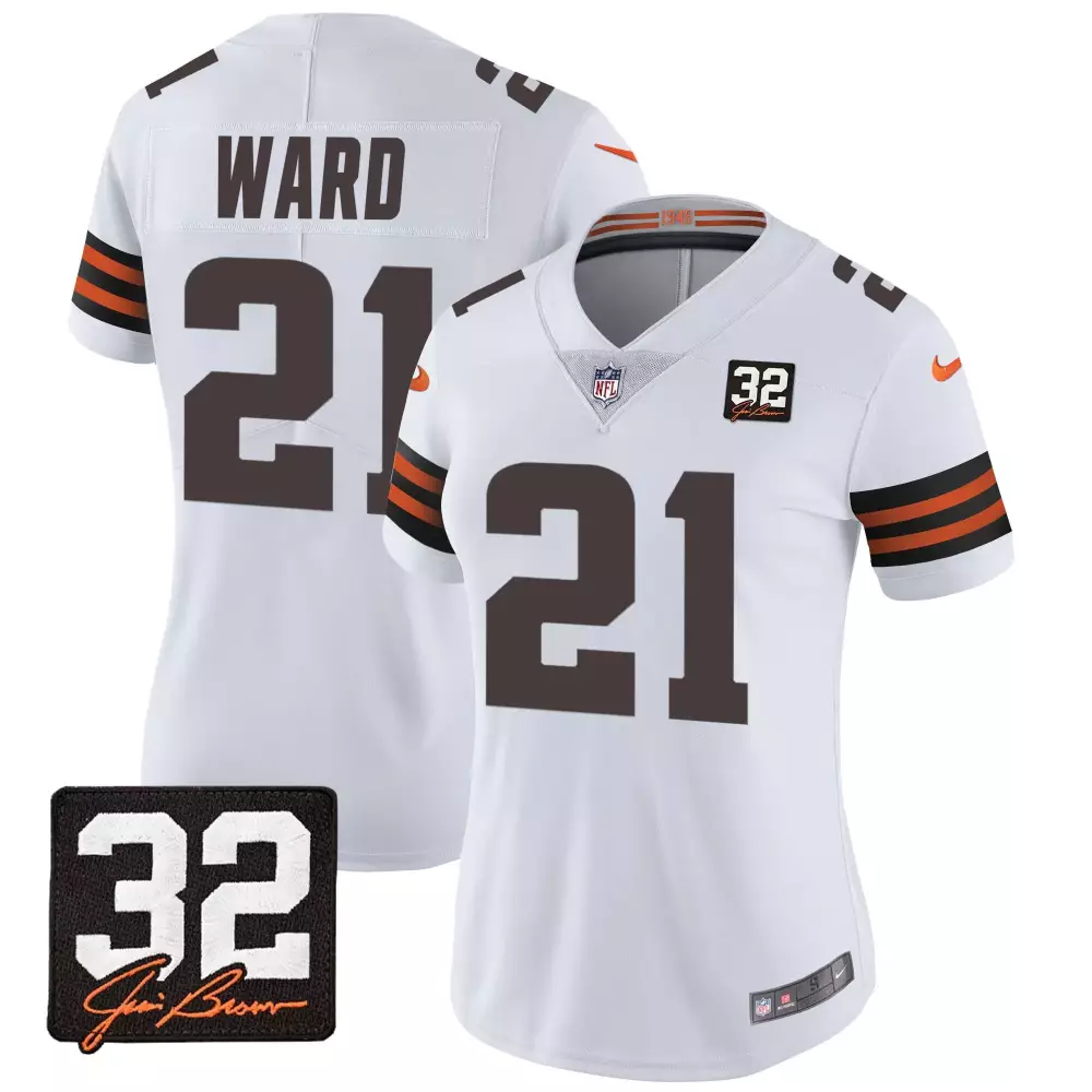 Denzel Ward 21 Cleveland Browns Jersey White 32 Jim Brown Signature Women Player