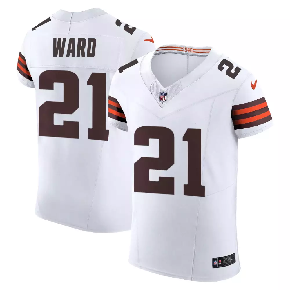 Denzel Ward 21 Cleveland Browns Jersey White Men Standard Brown Orange Vapor Elite