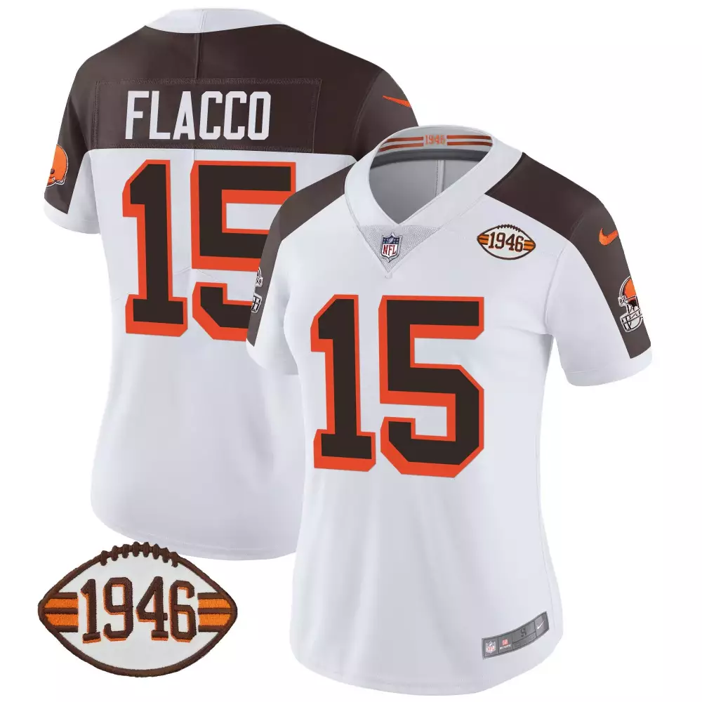 Joe Flacco 15 Cleveland Browns Jersey White 1946 Women NFL Brown Orange Anniversary